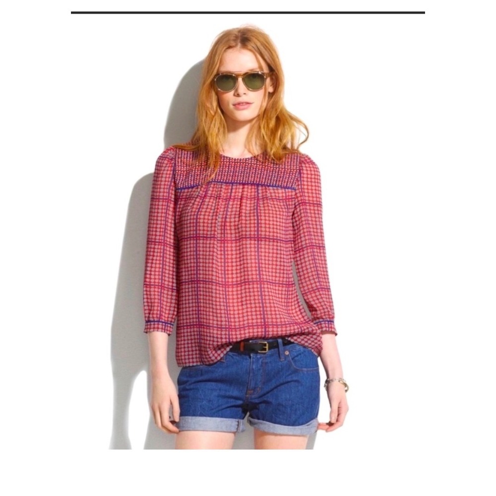 Madewell Silk Blouse Red Blue Plaid Geometric Print Boho Top Size S